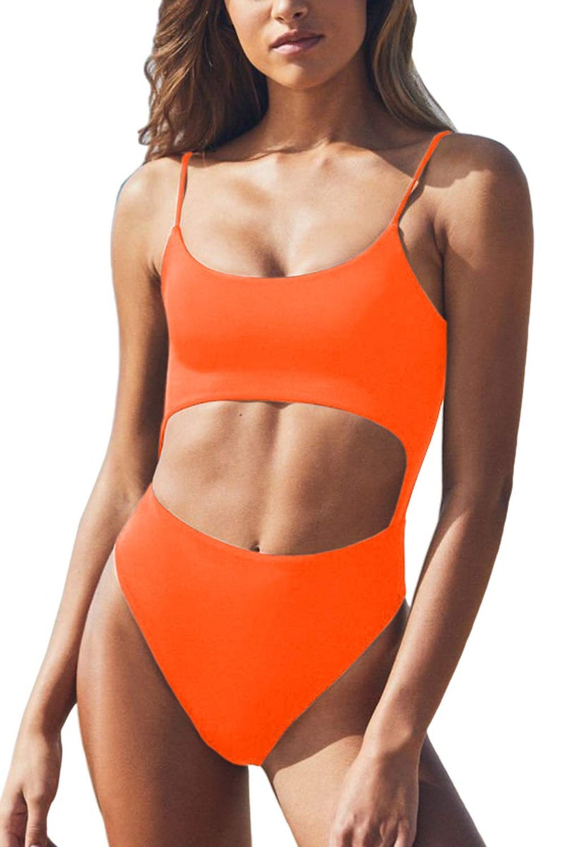 Meyeeka Womens Strappy One Piece Monikini Swimsuit High Waisted Bathing Suit Swimwear Orange L - Image 4